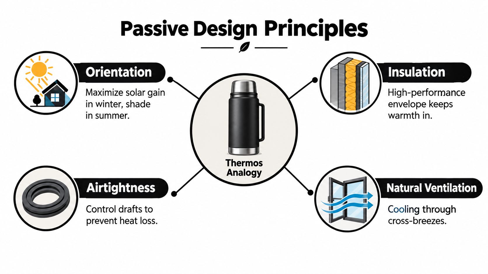 A diagram illustrating passive design principles including orientation, insulation, airtightness, and natural ventilation using a thermos analogy.
