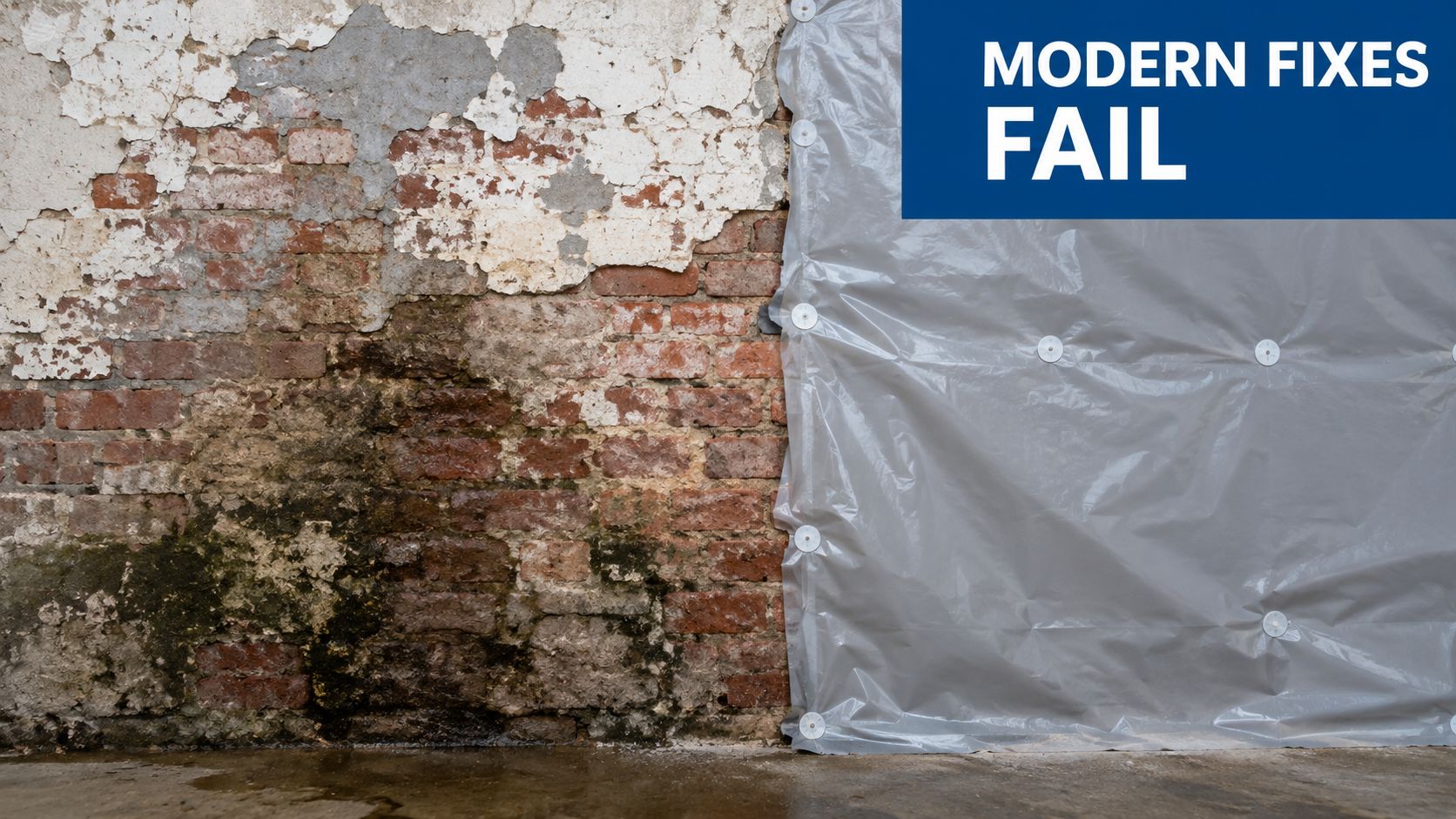 A damp brick wall showing signs of moisture and decay covered partially by a plastic moisture barrier.