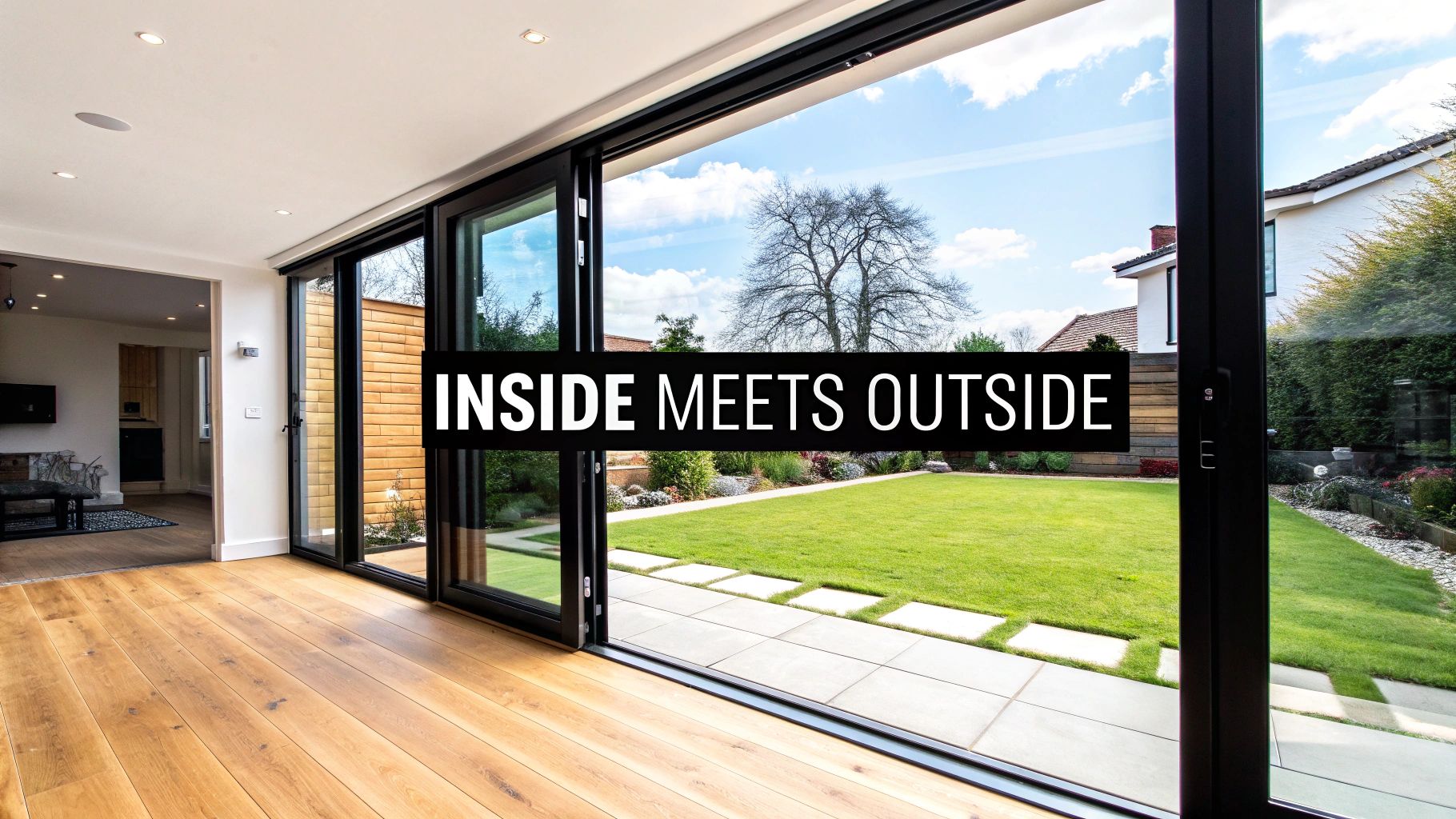 Modern living room with bi-fold doors opening to a lush green garden and blue sky.