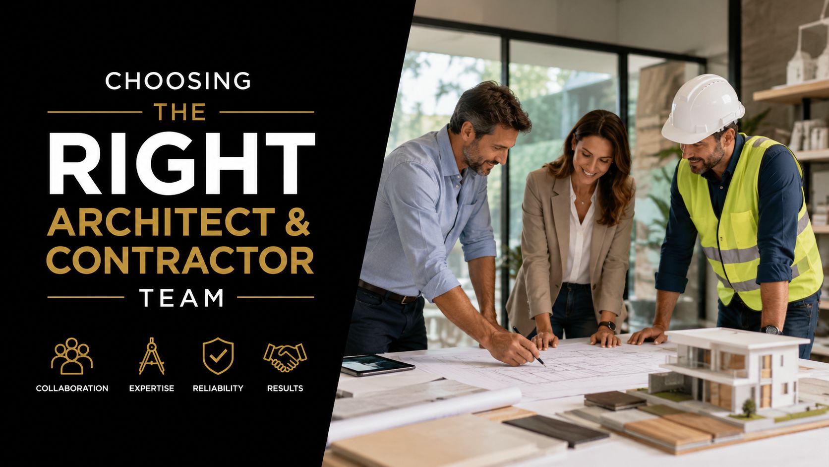 A professional team of an architect and a contractor reviewing blueprints for a new construction project.