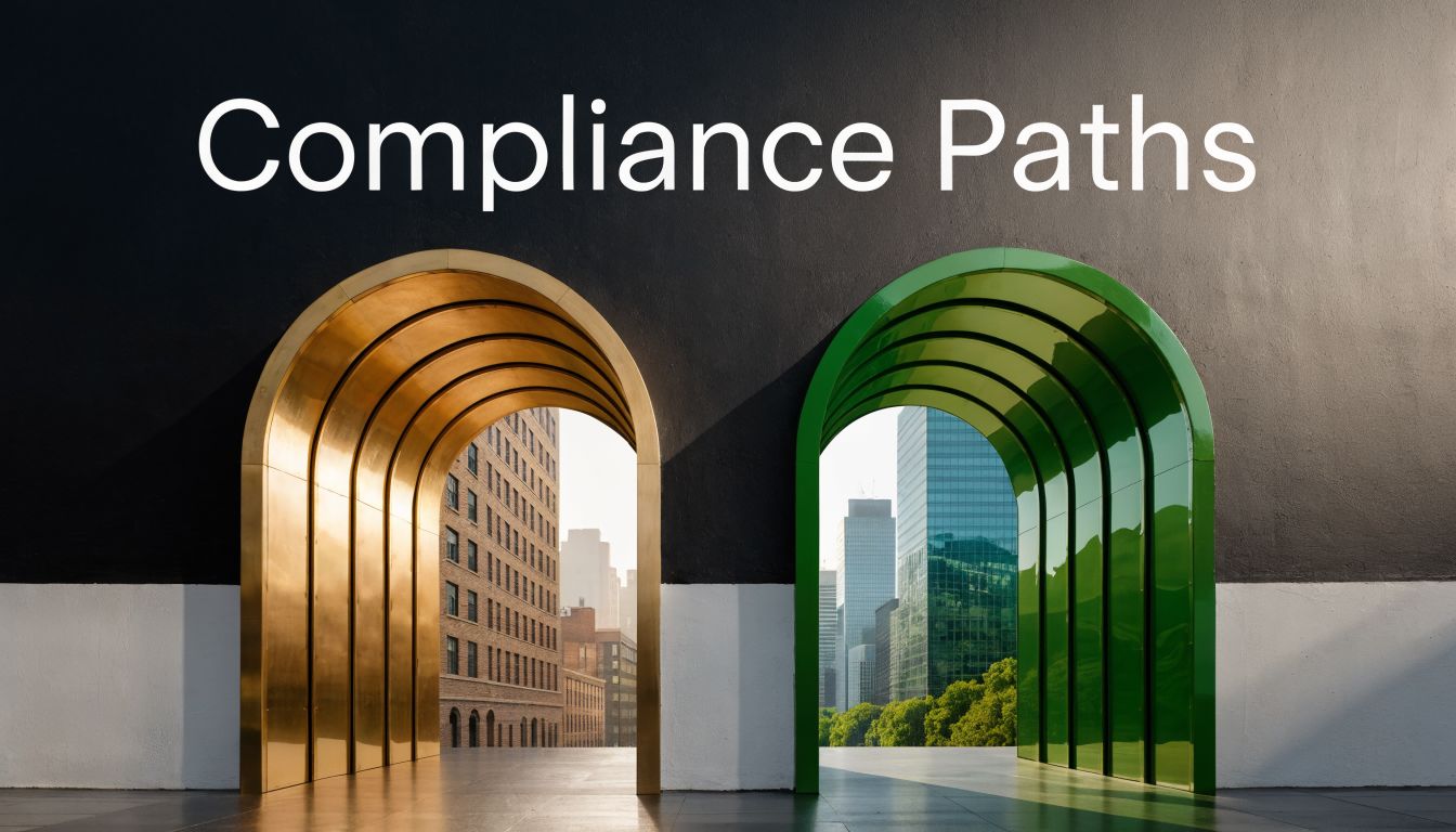 A conceptual image showing gold and green arches framing city building views labeled as Compliance Paths.