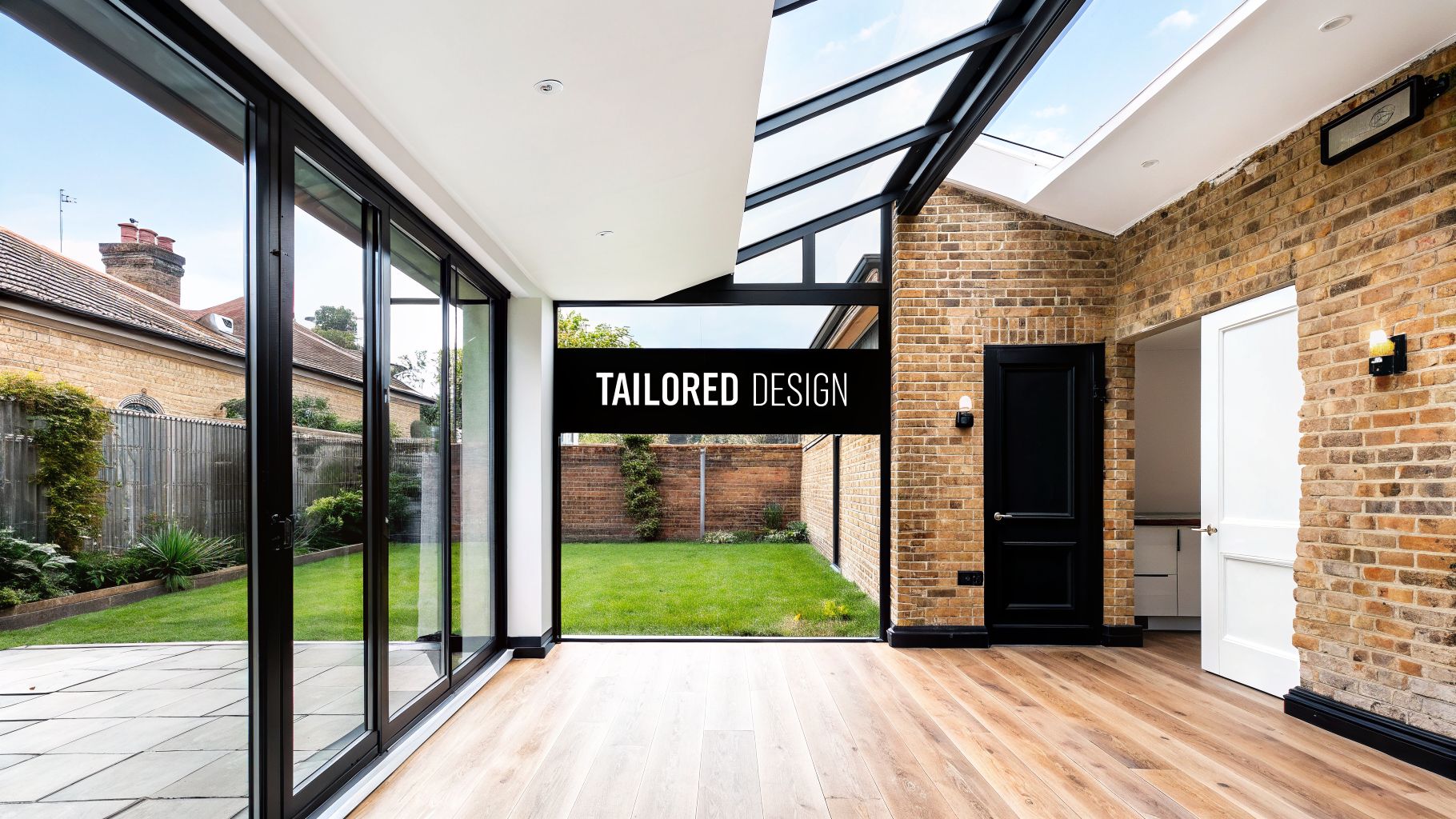 Modern interior with wooden floors, exposed brick walls, and large glass doors leading to a green garden with a skylight.