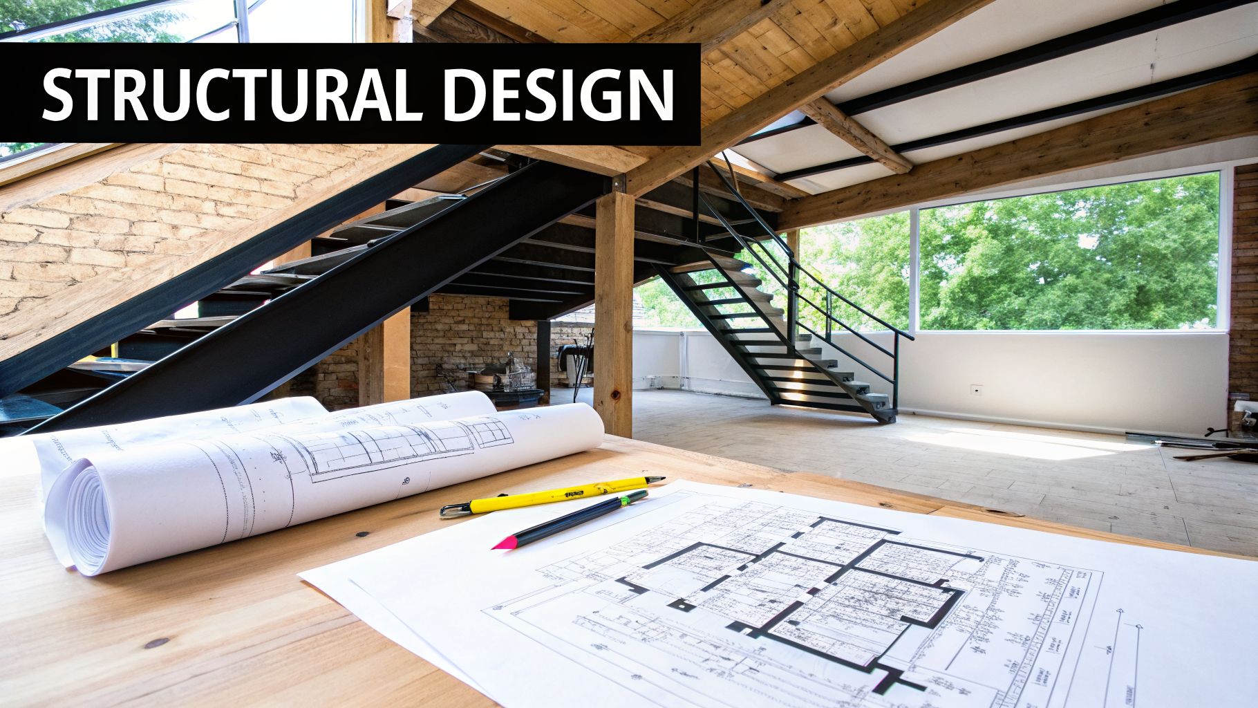Architectural plans and design tools on a table, with a modern structural interior and staircase.