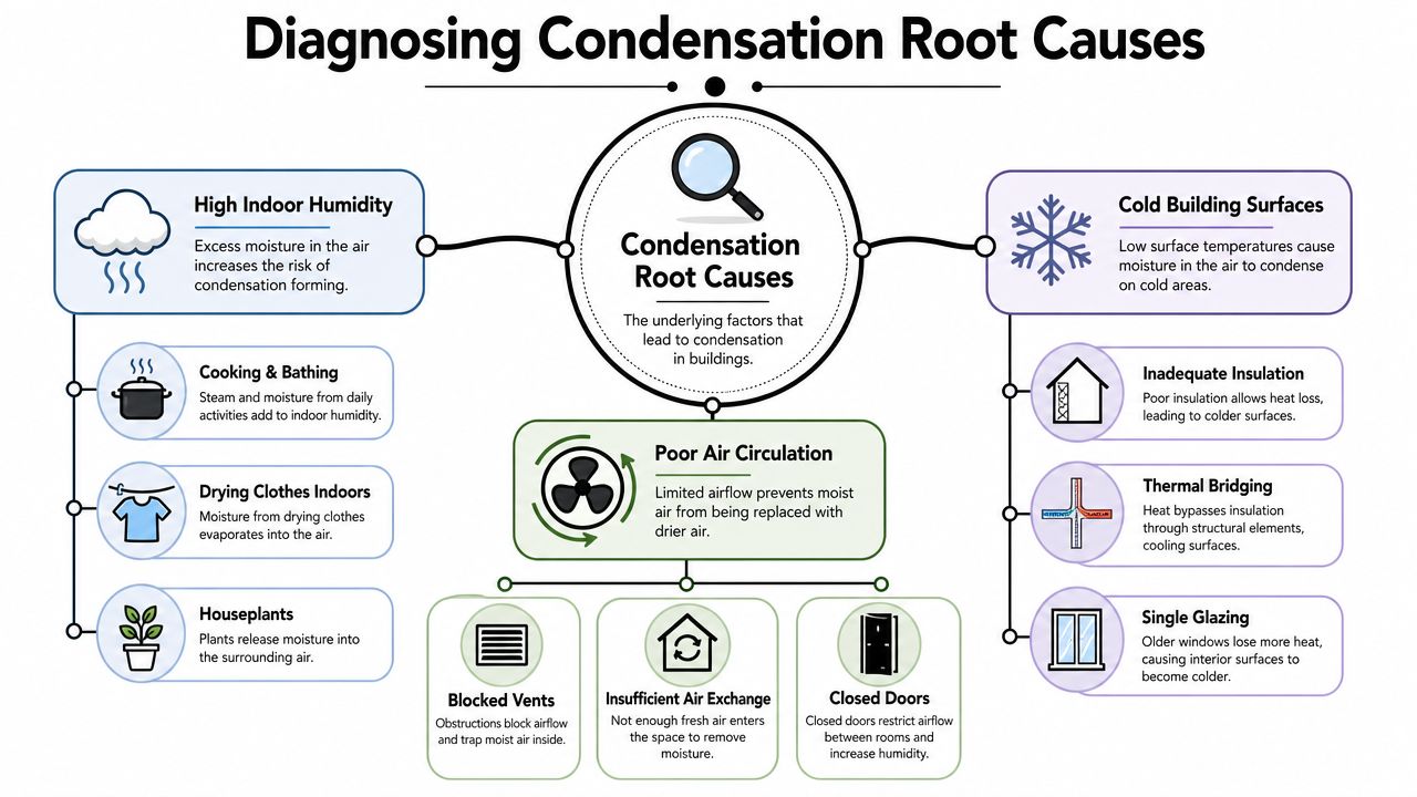 An infographic showing the three main root causes of condensation in buildings: humidity, cold surfaces, and circulation.