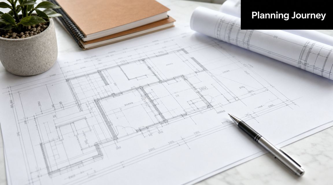 A professional architectural floor plan sits on a table with a pen, notebook, and a small potted plant.