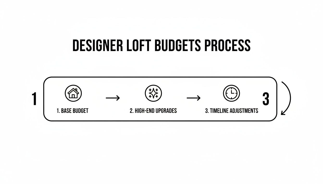 Process diagram showing designer loft budget steps: base budget, high-end upgrades, and timeline adjustments.