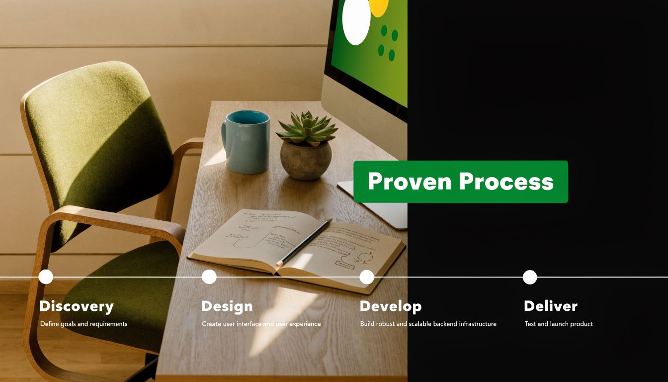 A modern workspace with a computer and notebook, displaying a professional four-step project process infographic.