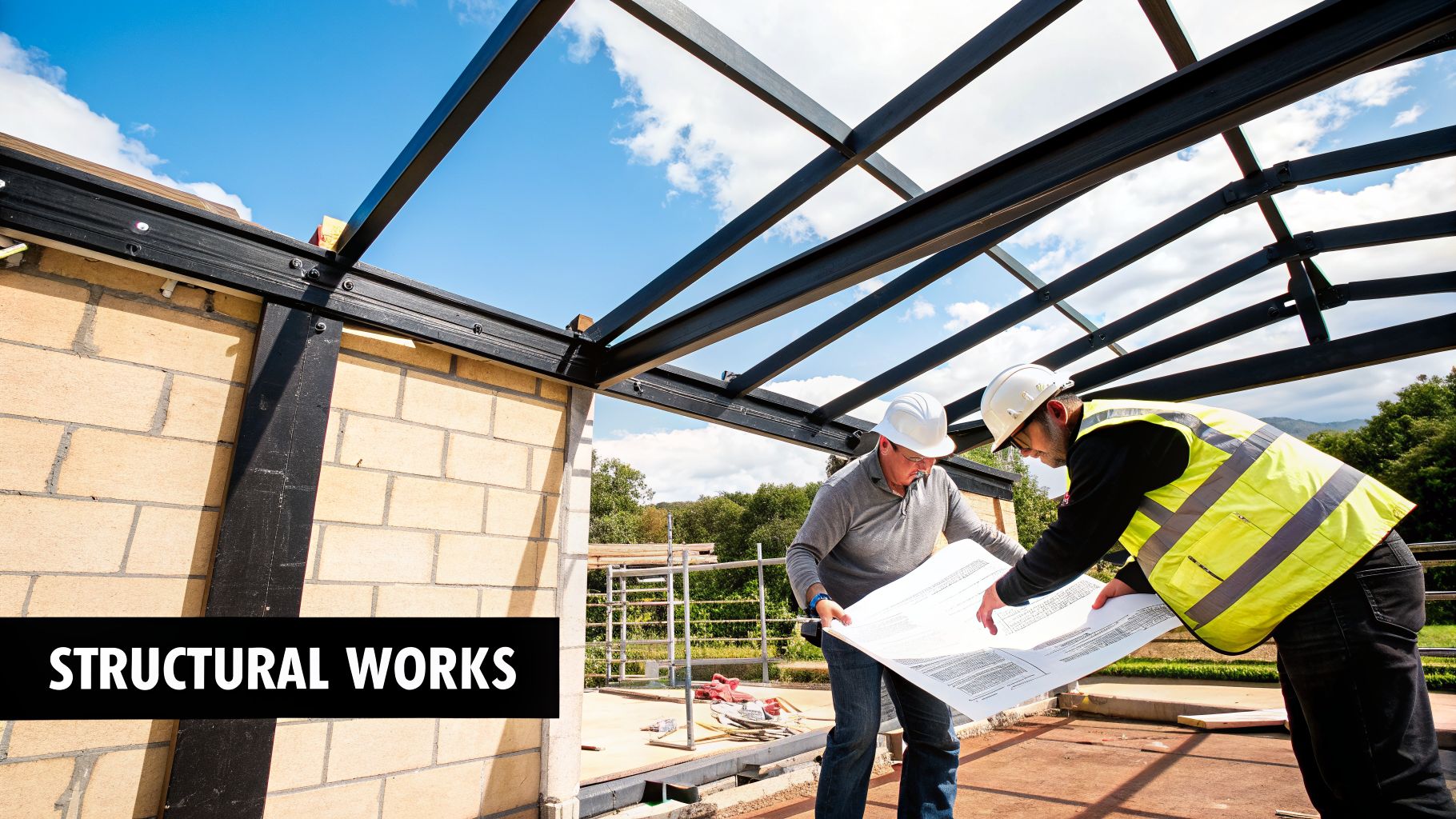 Two construction engineers review blueprints under a new metal roof structure, discussing structural works on site.