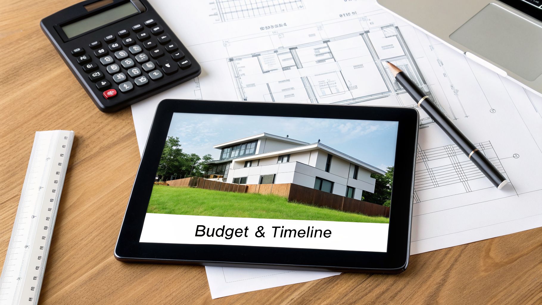 Architectural planning desk with blueprints, calculator, and a tablet displaying a modern house and 'Budget & Timeline'.