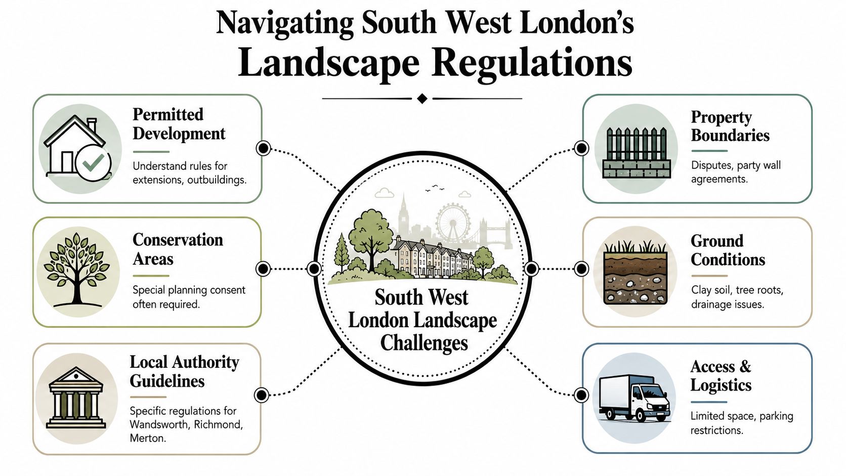 An infographic titled Navigating South West London's Landscape Regulations highlighting common property development and landscaping challenges.