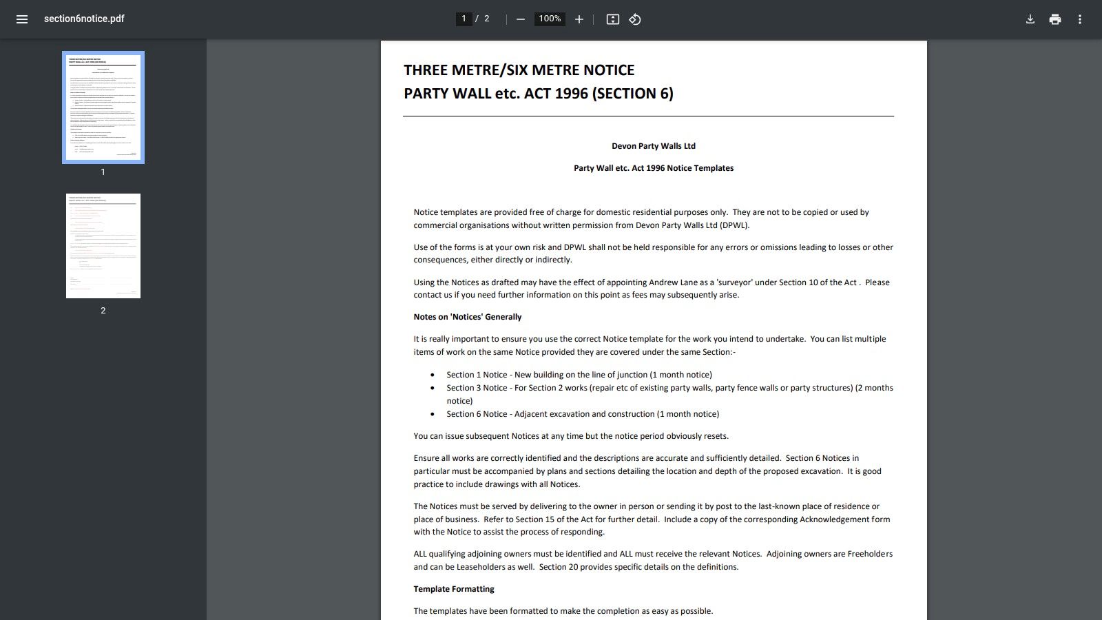 Devon Party Walls – Section 6 Notice PDF + Template Set on Request