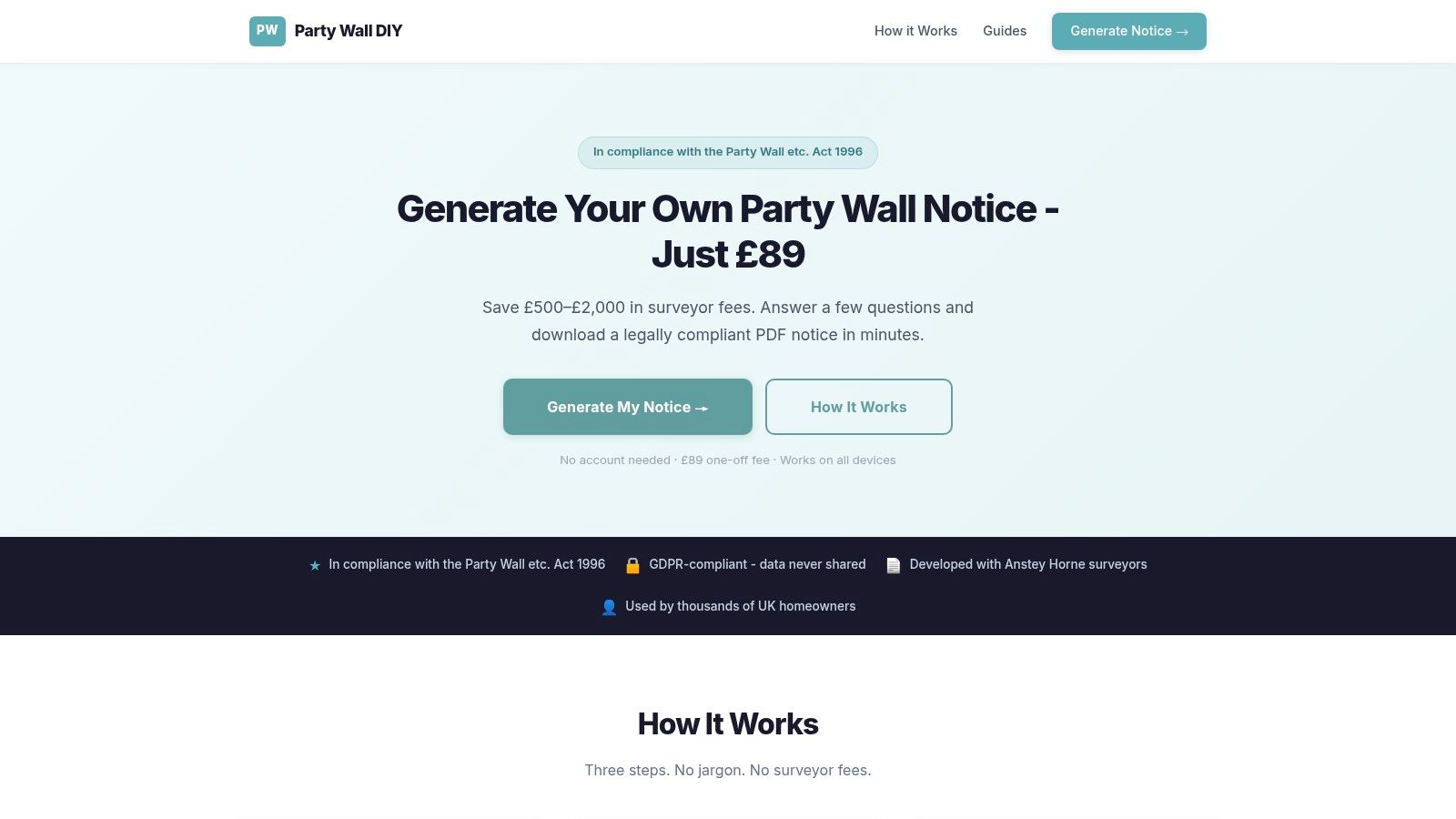 Party Wall DIY – Paid Notice Generator (developed with Anstey Horne)