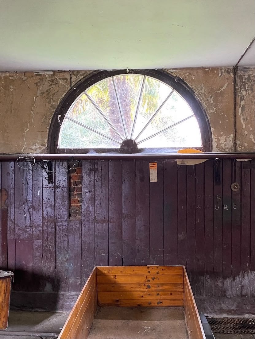 Arched window and dark timber wall before the West Side Common renovation