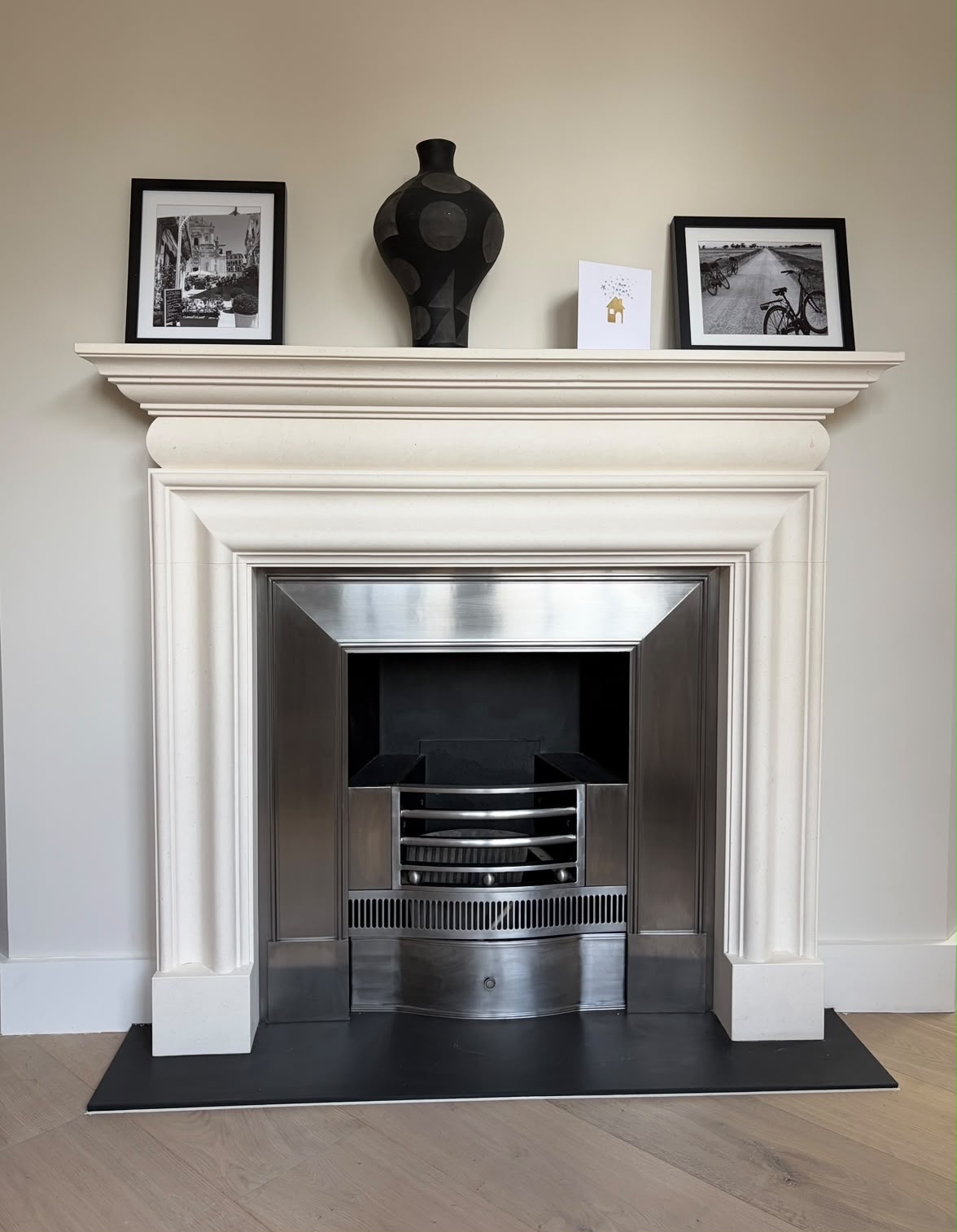 New fireplace, mantel and hearth in the renovated West Side Common sitting room